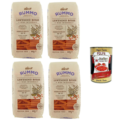 Rummo Pennette Rigate N°70 Glutenfreie Pasta mit Linsen und braunem Reis 4x 300gr Original italienisch inkl. Italian Gourmet Polpa 400g