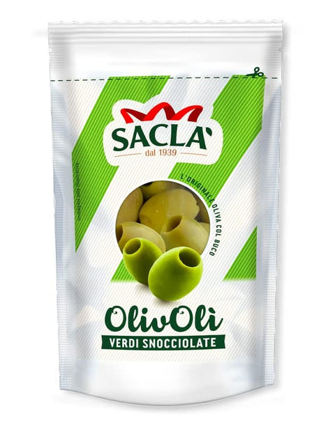 Italian Gourmet E.R. Pflegestifte & Lippenbalsam Saclà OlivOli Olive Verdi Snocciolate Entkernte Grüne Oliven Ideal für Aperitifs, Salate und zum Anreichern Ihrer Gerichte 185g Beutel (85g Abgetropft) 8001060004474