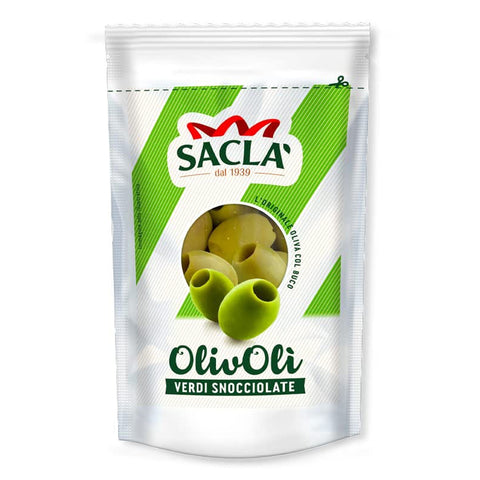 Saclà OlivOli Olive Verdi Snocciolate Entkernte Grüne Oliven Ideal für Aperitifs, Salate und zum Anreichern 1x185g Original italienisch Feinkost
