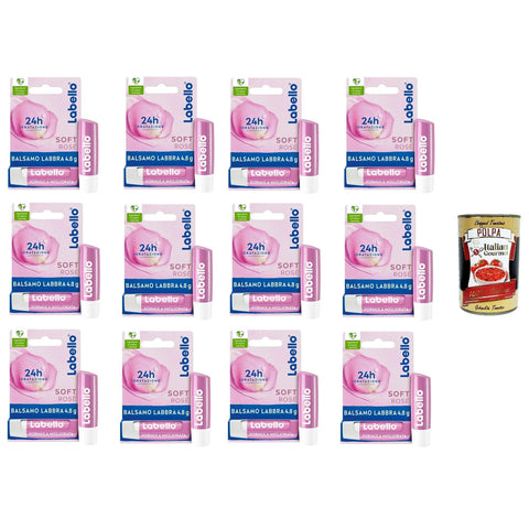 Soft Rosé getönter und feuchtigkeitsspendender Lippenbalsam mit Rosenextrakt, 12x4,8 g Original italienisch inkl. Italian Gourmet Polpa 400g