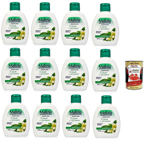 Malizia Detergente Intimo tè Verde e Gelsomino Rinfrescante Intimate Cleanser Grüner Tee und erfrischender Jasmin 12x200 ml Original italienisch inkl. Italian Gourmet Polpa 400g