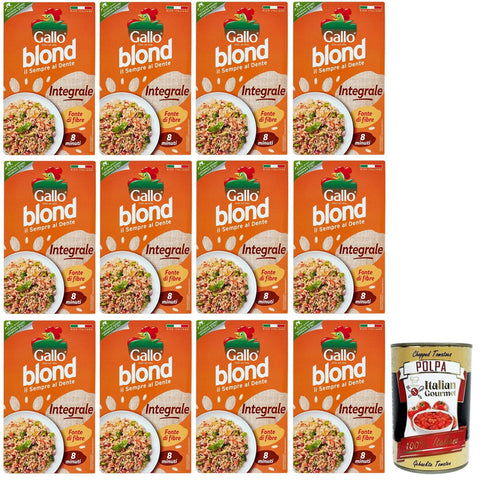 Gallo Riso Blond Integrale,100% Italienischer Reis,Ballaststoffquelle,Vollkorn Reis Kochzeit 8 Minuten,Packung mit 1Kg 12x Original italienisch inkl. Italian Gourmet Polpa di Pomodoro 400g Dose
