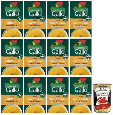 Italian Gourmet E.R. Reis 12x Gallo Riso Riserva Carnaroli,100% Italienischer Reis,Kochzeit 15 Minuten,Ideal für Risottos,Packung mit 1Kg + Italian Gourmet Polpa di Pomodoro 400g Dose 8001420001938