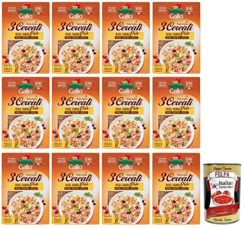 Italian Gourmet E.R. Reis 12x Riso Gallo 3 Cereali Mischung aus Reis, Dinkel und Weizen Senatore Cappelli, 100% Italienischer Reis ideal für Suppen und Risottos 400-g-Packung + Italian Gourmet Polpa di Pomodoro 400g Dose 8001420011272