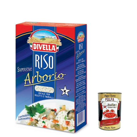 Divella Riso Arborio, Runde Reiskörner, italienischer Reis, ideal für Risottos und Timbales., 1kg Vakuumverpackung 3x Original italienisch inkl. Italian Gourmet Polpa 400g