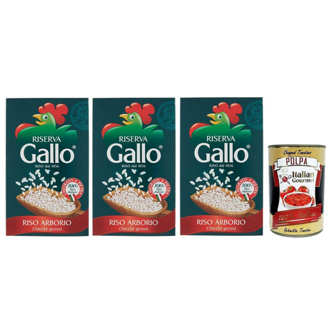 Gallo Riso Arborio Riserva,100% Italienischer Reis,Kochzeit 15 Minuten,Packung mit 1Kg 3x Original italienisch inkl. Italian Gourmet Polpa di Pomodoro 400g Dose
