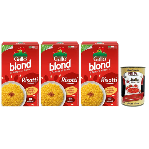Gallo Riso Blond Risotti, 100% Reis, Ideal für Risottos, Kochzeit 10 Minuten, Packung mit 3x 1Kg inkl. Italian Gourmet Polpa di Pomodoro 400g Dose Original italienisch