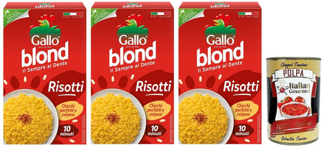 Italian Gourmet E.R. Reis 3x Gallo Riso Blond Risotti,100% Italienischer Reis, Ideal für Risottos,Kochzeit 10 Minuten,Packung mit 1Kg + Italian Gourmet Polpa di Pomodoro 400g Dose