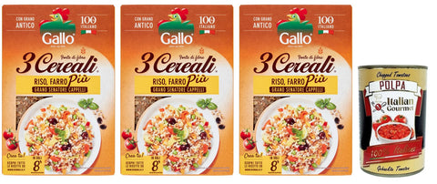Italian Gourmet E.R. Reis 3x Riso Gallo 3 Cereali Mischung aus Reis, Dinkel und Weizen Senatore Cappelli, 100% Italienischer Reis ideal für Suppen und Risottos 400-g-Packung + Italian Gourmet Polpa di Pomodoro 400g Dose 8001420011272