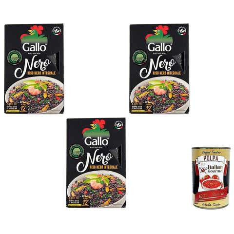 Gallo Riso Riso Nero Integrale,Vollkorn Schwarzer Reis,100% Italienischer Reis,500-g-Packung 3x Original italienisch inkl. Italian Gourmet Polpa di Pomodoro 400g Dose