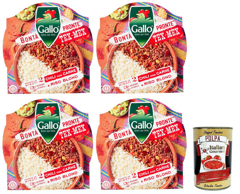 Riso Gallo Bontà Pronte Tex - Mex Chili con Carne, Vorgekochte Zubereitung auf Basis von Parboiled - Reis, Bohnen, Fleisch und Paprika 4x 220g inkl. Italian Gourmet Polpa di Pomodoro 400g Dose Original italienisch