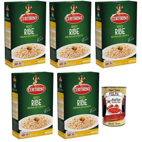 Curtiriso Riso Ribe,100% Italienischer Reis,Ideal für Salate und Risottos,15 Minuten,Packung mit 1Kg 5x Original italienisch inkl. Italian Gourmet Polpa di Pomodoro 400g Dose
