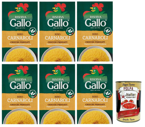 Italian Gourmet E.R. Reis 6x Gallo Riso Riserva Carnaroli,100% Italienischer Reis,Kochzeit 15 Minuten,Ideal für Risottos,Packung mit 1Kg + Italian Gourmet Polpa di Pomodoro 400g Dose 8001420001938