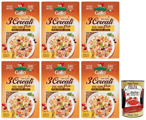 Italian Gourmet E.R. Reis 6x Riso Gallo 3 Cereali Mischung aus Reis, Dinkel und Weizen Senatore Cappelli, 100% Italienischer Reis ideal für Suppen und Risottos 400-g-Packung + Italian Gourmet Polpa di Pomodoro 400g Dose 8001420011272