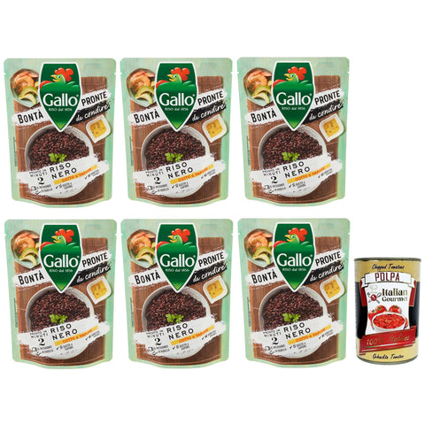 Gallo Riso Bontà Pronte Riso Nero,Vorgekochte Zubereitung auf Basis von Schwarzem Braunem Reis,250g 6x Original italienisch inkl. Italian Gourmet Polpa di Pomodoro 400g Dose