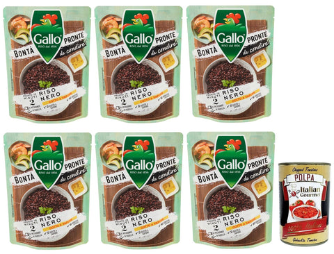 Italian Gourmet E.R. Reis 6x Riso Gallo Bontà Pronte Riso Nero,Vorgekochte Zubereitung auf Basis von Schwarzem Braunem Reis,250g + Italian Gourmet Polpa di Pomodoro 400g Dose 8001420004144