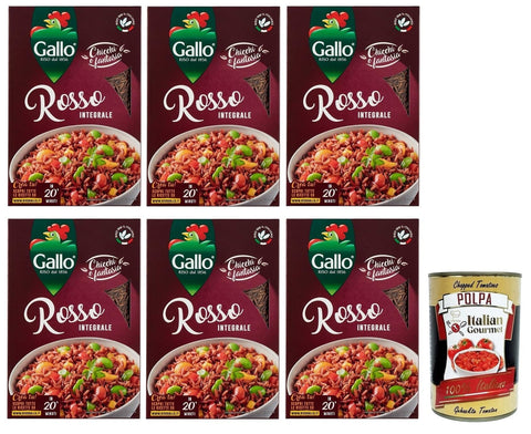 Riso Gallo Riso Rosso Integrale,Vollkorn Roter Reis,100% Italienischer Reis Ideal als Beilage oder zur Zubereitung von Salaten,500-g-Packung 6x Original italienisch inkl. Italian Gourmet Polpa di Pomodoro 400g Dose