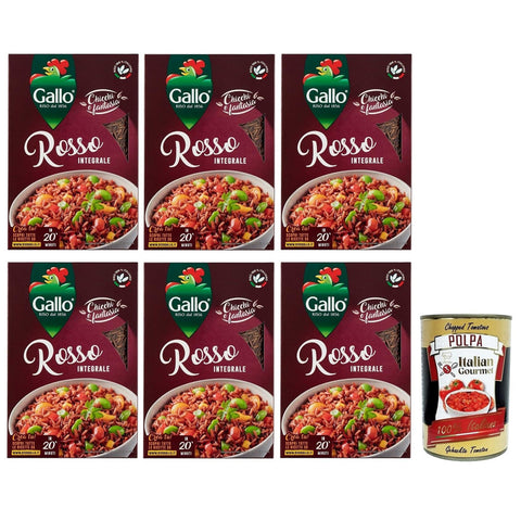 Riso Gallo Riso Rosso Integrale,Vollkorn Roter Reis,100% Italienischer Reis Ideal als Beilage oder zur Zubereitung von Salaten,500-g-Packung 6x Original italienisch inkl. Italian Gourmet Polpa di Pomodoro 400g Dose