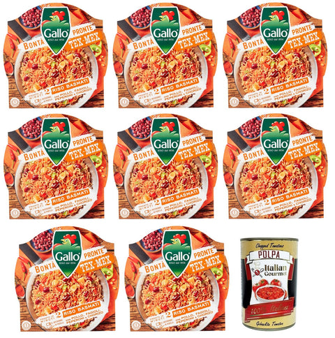 Italian Gourmet E.R. Reis 8x Gallo Bontà Pronte Tex-Mex Riso Basmati,Vorgekochte Zubereitung auf Basis von braunem Basmatireis, Paprika, Bohnen, Hühnchen und Chorizo,220g + Italian Gourmet Polpa di Pomodoro 400g Dose 8001420011333