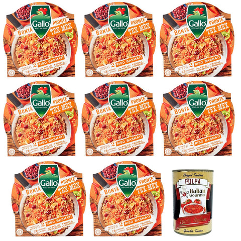 Gallo Bontà Pronte Tex - Mex Riso Basmati, Vorgekochte Zubereitung auf Basis von braunem Basmatireis, Paprika, Bohnen, Hühnchen und Chorizo 8x 220g inkl. Italian Gourmet Polpa di Pomodoro 400g Dose Original italienisch