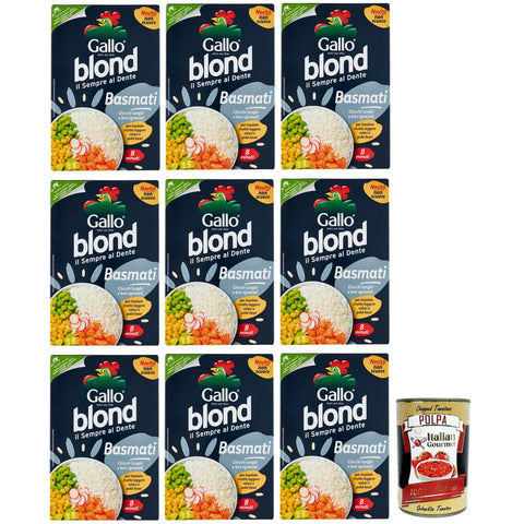Gallo Riso Blond Basmati, Kochzeit 8 Minuten, Reis Ideal für Salate, Leichte Rezepte und Poke? Bowl, Packung mit 9x 500g inkl. Italian Gourmet Polpa di Pomodoro 400g Dose Original italienisch