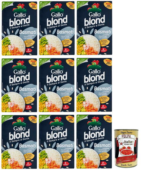 Italian Gourmet E.R. Reis 9x Gallo Riso Blond Basmati,Kochzeit 8 Minuten,Reis Ideal für Salate, Leichte Rezepte und Poké Bowl,Packung mit 500g + Italian Gourmet Polpa di Pomodoro 400g Dose 8001420011227