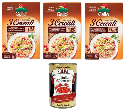 Italian Gourmet E.R. Reis Riso Gallo- 3 Cereali. Riso integrale,avena e Grano senatore Cappelli 3 Getreide. Brauner Reis, Hafer und Senatore Cappelli-Weizen 3x 400gr + Italian Gourmet Polpa di Pomodoro 400g 8001420011289