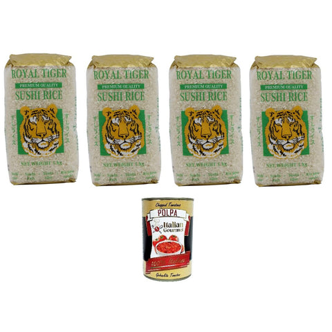 Royal Tiger Riso per Sushi Premium Quality Royal Tiger Sushi-Reis in Premiumqualität 4x1kg Original italienisch inkl. Italian Gourmet Polpa di Pomodoro 400g Dose