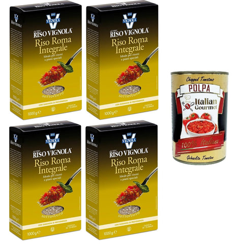 Vignola Riso Roma Integrale Vollkorn-Roma-Reis ideal für Risottos und besondere Gerichte 4x1kg Original italienisch inkl. Italian Gourmet Polpa 400g