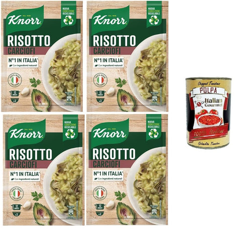 Italian Gourmet E.R. Reisgerichte Knorr Artischockenrisotto, fertiges Risotto mit natürlichen Zutaten, 100% italienischem Reis und al dente Chicci, zubereitet in der Pfanne oder in der Mikrowelle, 4x175 g+ Italian Gourmet Polpa 400g 8032804040014