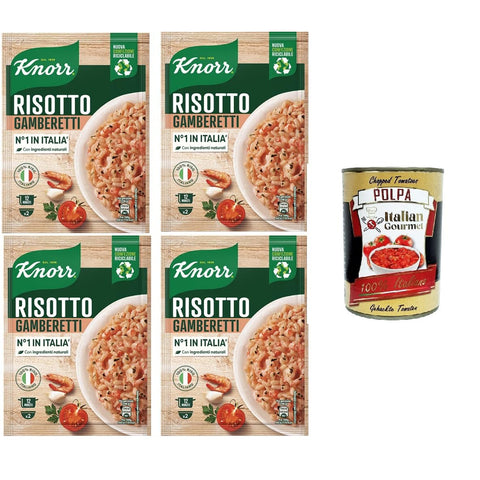 Knorr Garnelenrisotto, fertiges Risotto mit natürlichen Zutaten, 100% italienischem Reis und al dente Chicci, zubereitet im Topf oder in der Mikrowelle, 4x175 g Original italienisch inkl. Italian Gourmet Polpa 400g