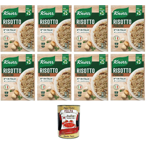Knorr Risotto Ai Funghi Porcini,fertiges Risotto mit natürlichen Zutaten,100% italienischem Reis und Chicci al Dente, zubereitet in der Pfanne oder in der Mikrowelle,8x175 g Original italienisch inkl. Italian Gourmet Polpa 400g