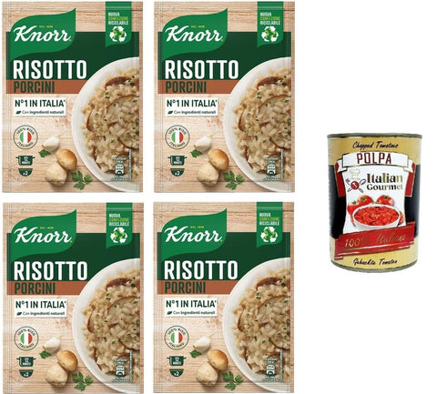 Italian Gourmet E.R. Reisgerichte Knorr Risotto Ai Funghi Porcini,fertiges Risotto mit natürlichen Zutaten,100% italienischem Reis und Chicci al Dente, zubereitet in der Pfanne oder in der Mikrowelle,4x175 g+Italian Gourmet polpa 400g 8032804040014