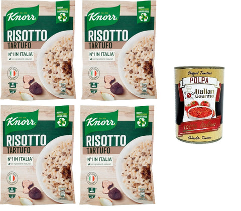Italian Gourmet E.R. Reisgerichte Knorr Risotto mit Trüffel, Fertigrisotto mit natürlichen Zutaten, 100% italienischem Reis und Chicci al Dente, zubereitet im Topf oder in der Mikrowelle, 4x175 g+ Italian Gourmet polpa 400g 8032804040014