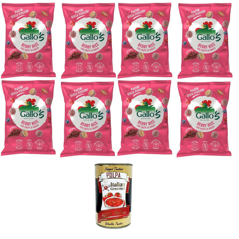 Riso Gallo Gallo's Berry Rice con Riso Rosso al gusto di Frutti di bosco Gallo Rice Gallos Beerenreis mit rotem Reis, aromatisiert mit Beeren 8x30gr Original italienisch inkl. Italian Gourmet Polpa di Pomodoro 400g Dose