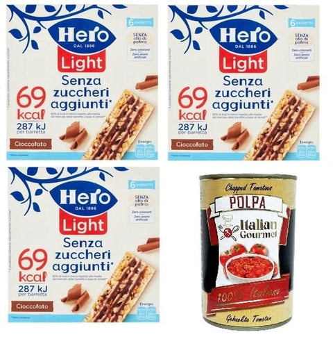 Italian Gourmet E.R. Riegel Hero Light Barrette al Cioccolato Senza zuccheri aggiunti Schokoriegel ohne Zuckerzusatz 3x 120gr + Italian Gourmet polpa 400g 8032804040014