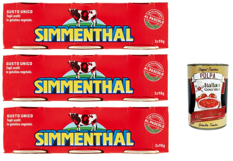 Italian Gourmet E.R. Rind SIMMENTHAL carne in scatola, Rindfleisch in Aspik 3x (3x 90g) 100% Italienisch Fleisch Aspikfleisch + Italian Gourmet polpa 400g 8032804040014