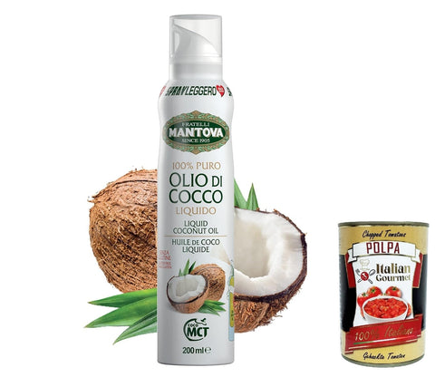 Mantova SPRAYLEGGERO 100% Kokosöl - Spray 200 ml - durch die Praktische Sprühflasche Können Sie bis zu 90% des Öls Einsparen + Italianm Gourmet polpa 3x 400g Original italienisch