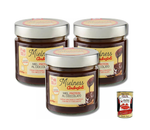 Italian Gourmet E.R. Schokoladenaufstrich Mielness Miel Protein Crema Proteica con Miele Ambrosoli e Cioccolato 220g, Proteincreme mit Honig und Schokolade 3x220g + Italian Gourmet polpa 400gr 8032804040014