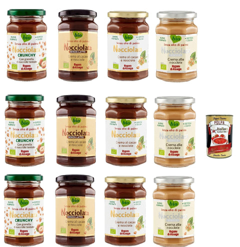 Italian Gourmet E.R. Schokoladenaufstrich Rigoni di Asiago Nocciolata - Testpaket, 12x 250g, Haselnusscreme ohne Palmöl, Nuss Nougat Creme ohne Palmöl, Leckerer Brotaufstrich + Italian Gourmet polpa 400g 8032804040014