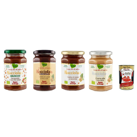 Rigoni di asiago Nocciolata - Testpaket, 4x 250g, Haselnusscreme ohne Palmöl, Nuss Nougat Creme ohne Palmöl, Leckerer Brotaufstrich Original italienisch inkl. Italian Gourmet Polpa 400g