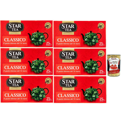 Star Tea Thè Classico, das klassische SchwarzTee, 25 Filter, eine feine Mischung mit ausgesuchten geernteten Blättern, 6x 37.5g Original italienisch inkl. Italian Gourmet Polpa 400g