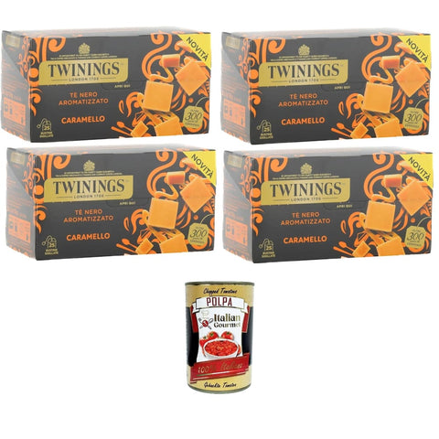 Tè Nero Aromatizzato al Caramello, Schwarztee mit Karamellgeschmack,Packung mit 25 Filtern 4x50gr Original italienisch inkl. Italian Gourmet Polpa 400g