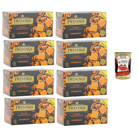 Tè Nero Aromatizzato al Caramello, Schwarztee mit Karamellgeschmack,Packung mit 25 Filtern 8x50gr Original italienisch inkl. Italian Gourmet Polpa 400g