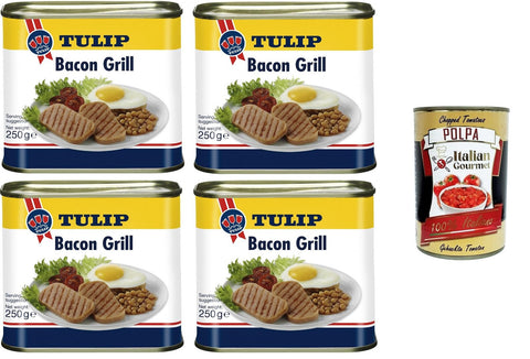 Italian Gourmet E.R. Schwein Tulip Bacon Grill Schweinefleischkonserven mit Speckgeschmack 4x 250gr + Italian Gourmet Polpa 400g 8032804040014