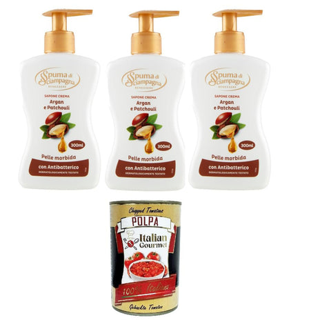 Spuma di Sciampagna Sapone Crema Argan und Patschuli -Cremeseife 3x 300ml Original italienisch inkl. Italian Gourmet Polpa 400g
