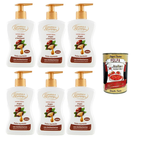Spuma di Sciampagna Sapone Crema Argan und Patschuli -Cremeseife 6x 300ml Original italienisch inkl. Italian Gourmet Polpa 400g