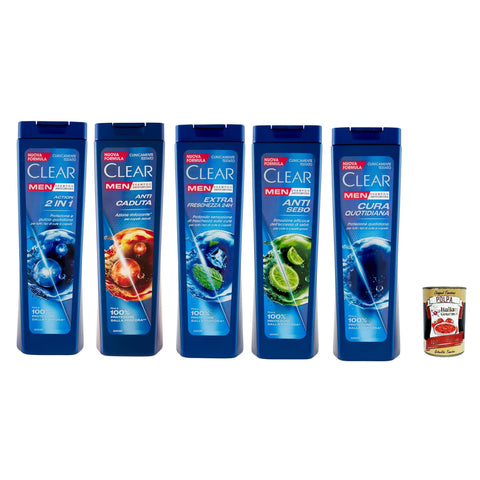 Clear Testpaket, Men Shampoo für alle Haar- und Kopfhaut Typen - Schuppen-Shampoo 5x 225ml Original italienisch inkl. Italian Gourmet Polpa 400g