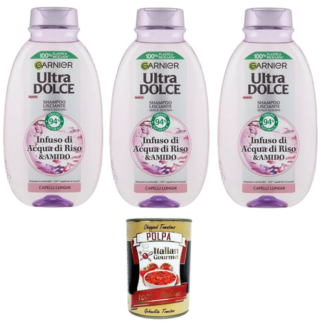 G. Ultra Dolce Infuso di Acqua di Riso & Amido, Shampoo Lisciante Aufguss aus Reiswasser und Stärke, glättendes Shampoo 3x 250 ml inkl. Italian Gourmet polpa 400g Original italienisch