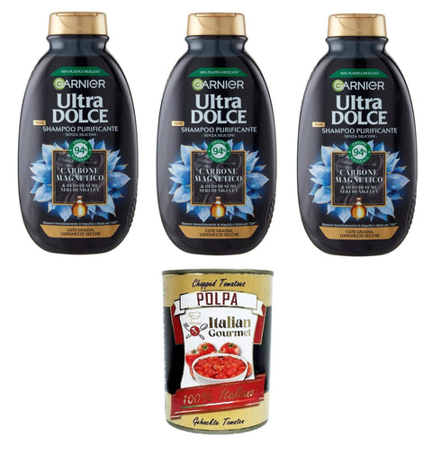 G. Ultra Dolce Shampoo Purificante e Idratante Carbone Magnetico, Reinigendes und feuchtigkeitsspendendes magnetisches Aktivkohle - Shampoo 3x250 ml inkl. Italian Gourmet polpa 400g Original italienisch